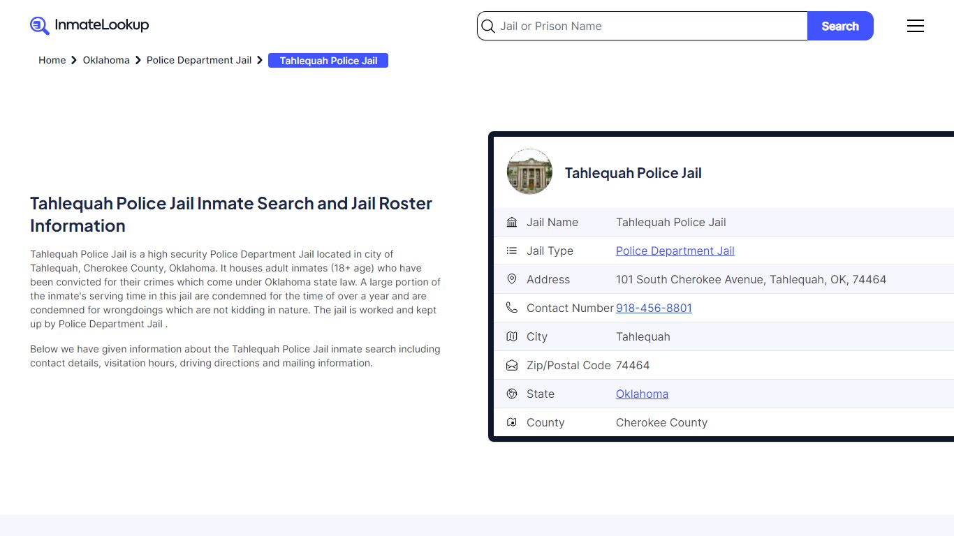 Tahlequah Police Jail Inmate Search and Jail Roster Information